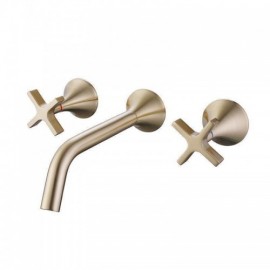 Brushed Gold Copper Double Cross Handle Undermount Basin Mixer Faucet