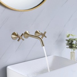 Brushed Gold Copper Double Cross Handle Undermount Basin Mixer Faucet