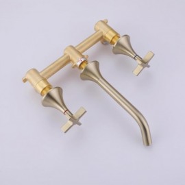 Brushed Gold Copper Double Cross Handle Undermount Basin Mixer Faucet