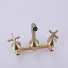 Brushed Gold Copper Double Cross Handle Undermount Basin Mixer Faucet