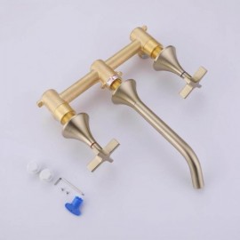 Brushed Gold Copper Double Cross Handle Undermount Basin Mixer Faucet