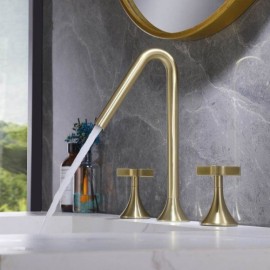 Modern Brushed Gold Copper Double Cross Handle Bathroom Sink Faucet