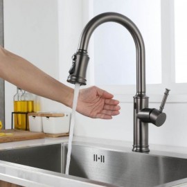 Pull-Out Kitchen Faucet With Infrared Sensor In Gray Stainless Steel