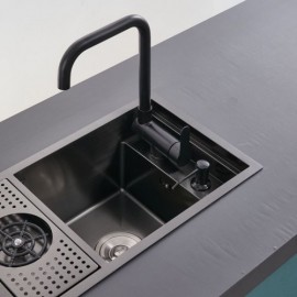 Single Black Stainless Steel Kitchen Sink With Cup Washer Faucet