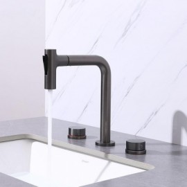 Gray Copper Basin Mixer With Pull-Out Nozzle For Bathroom