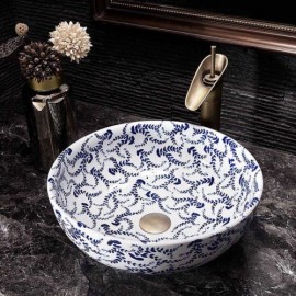 Single Sink In Blue And White Porcelain Bathroom