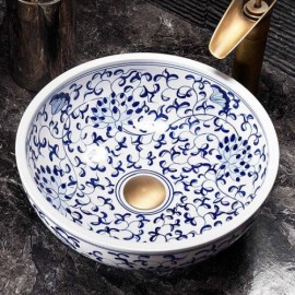 Round Blue And White Porcelain Sink