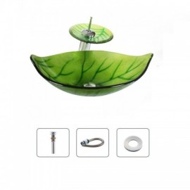 Green Leaf Tempered Glass Countertop Sink With Waterfall Faucet For Bathroom