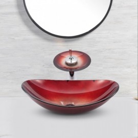 Red Countertop Washbasin With Tempered Glass Waterfall Faucet For Bathroom