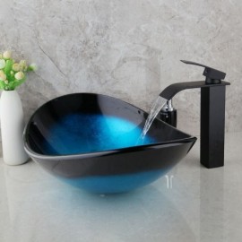 Tempered Glass Basin With Black Mixer Faucet For Bathroom