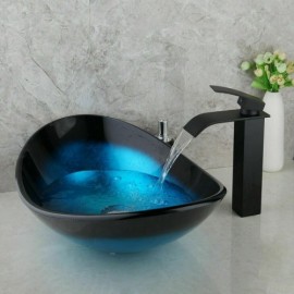 Tempered Glass Basin With Black Mixer Faucet For Bathroom