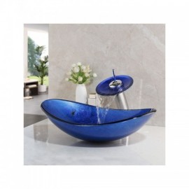 Countertop Washbasin With Waterfall Faucet In Tempered Glass For Bathroom