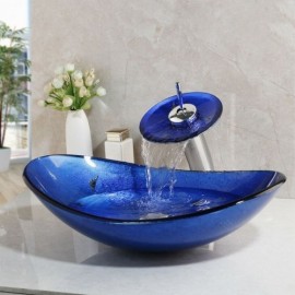 Countertop Washbasin With Waterfall Faucet In Tempered Glass For Bathroom