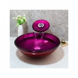 Round Countertop Washbasin With Waterfall Faucet In Purple Tempered Glass For Bathroom Balcony