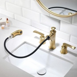 Brushed Gold Basin Mixer 3-Hole Removable Nozzle 2 Handles For Bathroom