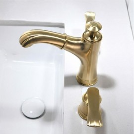 Brushed Gold Basin Mixer 3-Hole Removable Nozzle 2 Handles For Bathroom