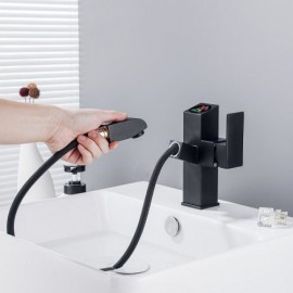 Black Basin Mixer With Led Screen For Bathroom Removable Nozzle