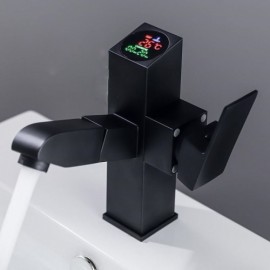 Black Basin Mixer With Led Screen For Bathroom Removable Nozzle