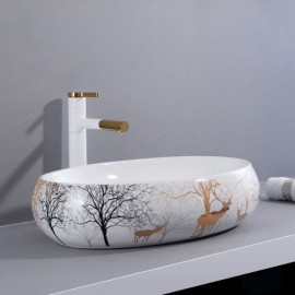 Mini Ceramic Wash Basin White Cartoon Print For Bathroom Without/With Faucet