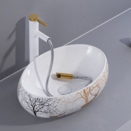 Mini Ceramic Wash Basin White Cartoon Print For Bathroom Without/With Faucet