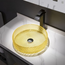 Yellow Countertop Basin In Round Glass For Bathroom Optional Faucet