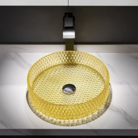 Yellow Countertop Basin In Round Glass For Bathroom Optional Faucet