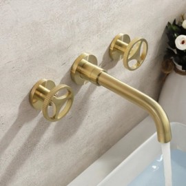 Wall Mounted Chrome/Brushed Gold 2 Handle Bathroom Sink Mixer Faucet