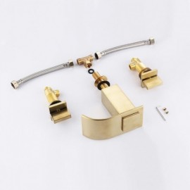 Gold Waterfall Basin Faucet Cold Hot Water 2 Handles For Bathroom