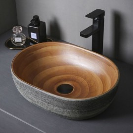 Countertop Basin In Wood-Effect Ceramic For Bathroom