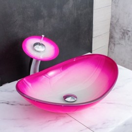 Gradient Color Tempered Glass Sink With Waterfall Faucet For Bathroom