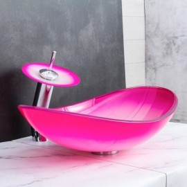 Gradient Color Tempered Glass Sink With Waterfall Faucet For Bathroom