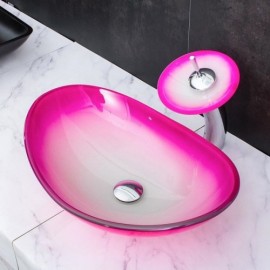 Gradient Color Tempered Glass Sink With Waterfall Faucet For Bathroom