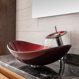 Gradient Red Tempered Glass Countertop Sink With Faucet For Bathroom