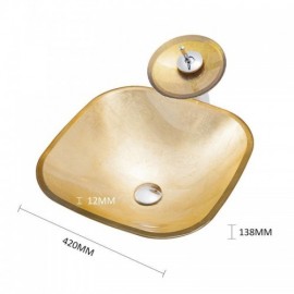 Gold Square Basin In Tempered Glass With Waterfall Faucet For Bathroom