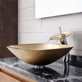 Gold Square Basin In Tempered Glass With Waterfall Faucet For Bathroom