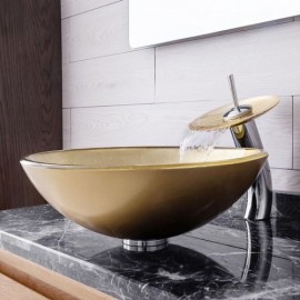 Modern Gold-Colored Round Basin In Tempered Glass With Waterfall Faucet For Bathroom