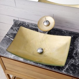 Gold Square Countertop Washbasin In Tempered Glass With Waterfall Faucet For Bathroom