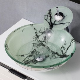 Round Glass Basin With Waterfall Faucet Imitation Marble Pattern For Bathroom