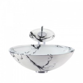 Round Glass Basin With Waterfall Faucet Imitation Marble Pattern For Bathroom