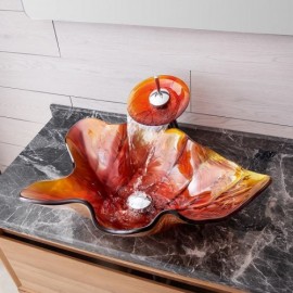 Tempered Glass Sink In Maple Leaf Shape With Waterfall Faucet For Bathroom