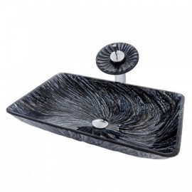 Rectangular Black Tempered Glass Sink With Waterfall Faucet For Bathroom