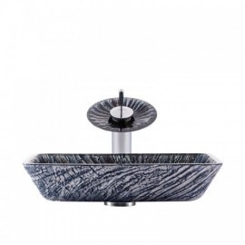 Rectangular Black Tempered Glass Sink With Waterfall Faucet For Bathroom