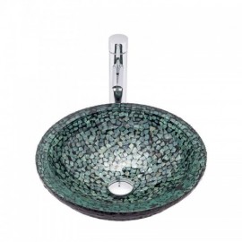 Emerald Countertop Basin In Tempered Glass With Waterfall Faucet For Bathroom