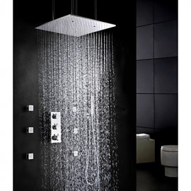 Chrome Thermostatic Bathroom Shower Tap Set, Brushed Atomizing And Rainfall Shower Head With Spa Massage Spray Jet